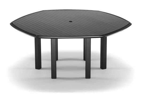 Picture of Telescope Casual Aluminum Slat Top Table, 64" Hexagonal Dining Height Table w/ hole and Ogee Rim