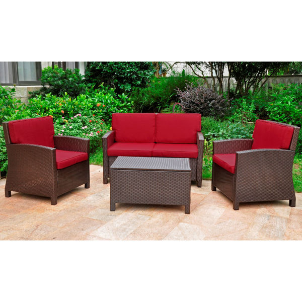 Picture of Set of 4 Lisbon Resin Wicker/Steel Settee Group with Cushions - Chocolate