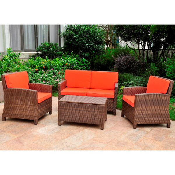 Picture of Set of 4 Lisbon Resin Wicker/Steel Settee Group with Cushions - Antique Brown