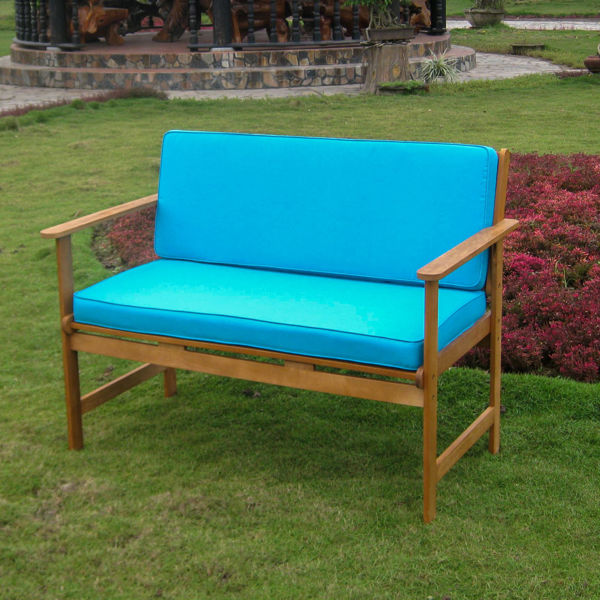 Picture of Royal Tahiti Gulf Port Arm Bench with Aqua Blue Cushions - Dark Honey/Aqua Blue