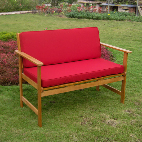 Picture of Royal Tahiti Gulf Port Arm Bench with Ruby Red Cushions - Dark Honey/Ruby Red