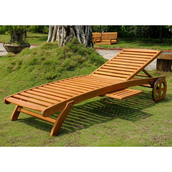 Picture of Royal Tahiti Outdoor Wood Chaise Lounge with Wheels - Brown Stain