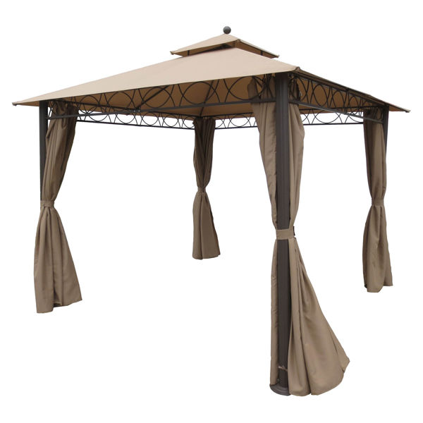 Picture of Square 10 Foot Double Vented Gazebo With Drapes - Khaki/Coffee