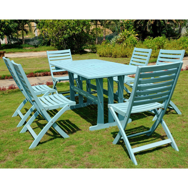 Picture of Milazzo Set of Seven Acacia Wood Dining Group - Sky Blue