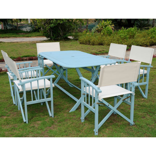 Picture of Cariati Acacia Wood 7 Piece Patio Group - Sky Blue