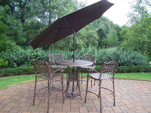 Picture of Elite Cast Aluminum 7 Pc. Bar Set includes a 42-inch table, 4 Bar Stools with Foot-Rests,  9 ft. Tilt & Crank Metal framed Umbrella, and Metal Stand - Antique Bronze