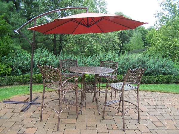 Picture of Elite Cast Aluminum 6 Pc. Bar Set includes a 42-inch table, 4 Bar Stools with Foot-Rests, and 10 ft. Cantilever Umbrella with Base - Antique Bronze