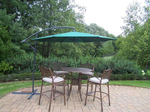Picture of Elite Cast Aluminum 6 Pc. Bar Set includes a 42-inch table, 4 Cushioned Bar Stools with Foot-Rests, and 10 ft. Cantilever Umbrella with Base - Antique Bronze