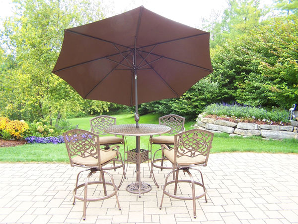 Picture of Elite Mississippi Aluminum 7 Pc. Bar set with 42-inch Bar Table, 4 Cushioned Swivel Bar Stools, 9' Tilt & Crank Metal framed Umbrella and Metal Stand - Antique Bronze
