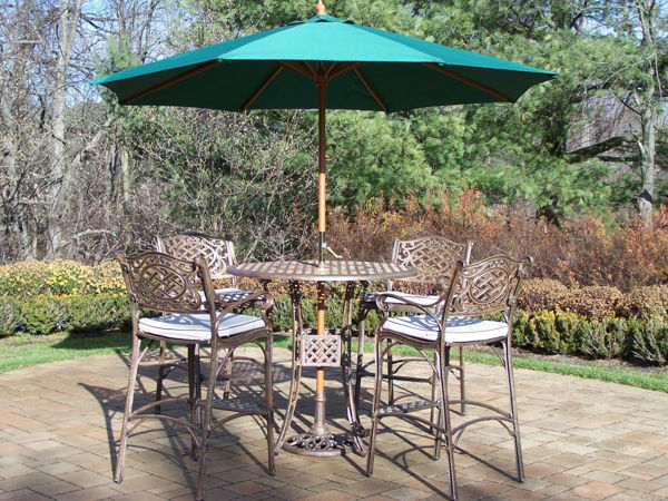 Picture of Elite Mississippi  Cast Aluminum 7 Pc. Bar Set includes a 42-inch table, 4 Cushioned Bar Stools with Foot Rests,  9 ft. Crank featured Umbrella, and Metal Stand - Antique Bronze