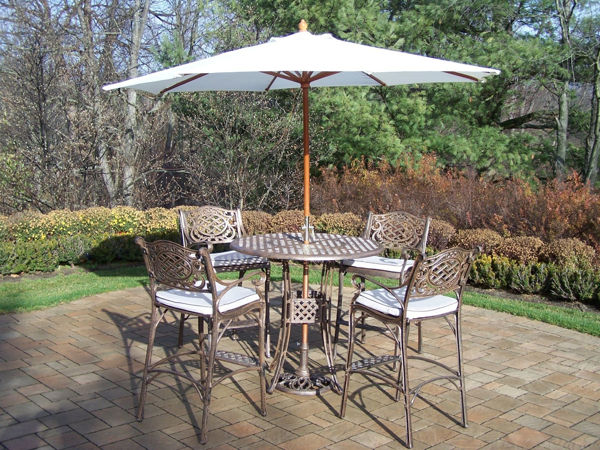 Picture of Elite Mississippi  Cast Aluminum 7 Pc. Bar Set includes a 42-inch table, 4 Cushioned Bar Stools with Foot Rests,  9 ft. Crank featured Umbrella, and Metal Stand - Antique Bronze