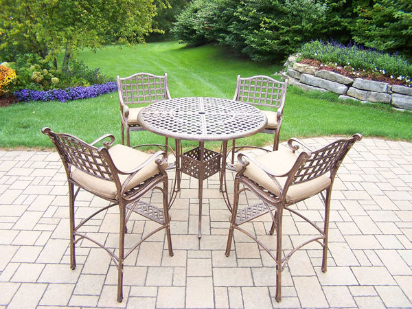 Picture of Elite Cast Aluminum 5 Pc.  Bar Set with 42-inch table, and 4 Cushioned Bar Stools with Foot-Rests. - Antique Bronze