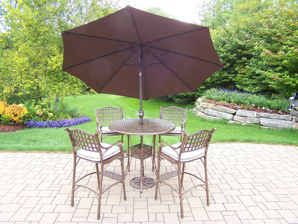 Picture of Elite Cast Aluminum 7 Pc. Bar Set with 42-inch table, 4 Cushioned Bar Stools with Foot-Rests,  9 ft. Tilt & Crank Metal framed Umbrella, and Metal Stand - Antique Bronze