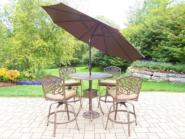 Picture of Elite Mississippi Aluminum 7 Pc.  Bar set with 42-inch Bar Table, 4 Cushioned Swivel Bar Stools, 9 ft. Tilt & Crank Metal framed Umbrella and Metal Stand - Antique Bronze
