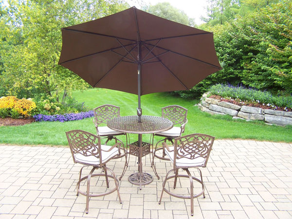 Picture of Elite Mississippi Aluminum 7 Pc.  Bar set with 42-inch Bar Table, 4 Cushioned Swivel Bar Stools, 9 ft. Tilt & Crank Metal framed Umbrella and Metal Stand - Antique Bronze