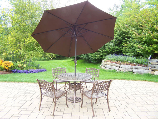 Picture of Elite Cast Aluminum 7 Pc. Dining Set with 42-inch table, 4 durable Chairs,  9 ft. Tilt & Crank Metal framed Umbrella, and Metal Stand - Antique Bronze