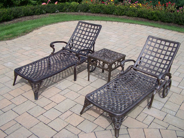 Picture of Elite Cast Aluminum 3 Pc. Lounge set includes 2 Chaise Lounges with wheels and a 17-inch Side table - Antique Bronze