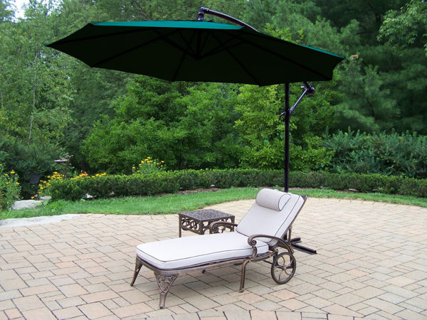 Picture of Elite Cast Aluminum 3 Pc. Lounge set includes 1 Cushioned Chaise Lounge with wheels, a 17-inch Side table, and 10 ft. Cantilever Umbrella with Base - Antique Bronze