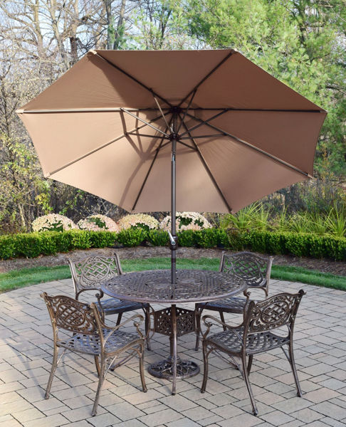 Patio Store Capitol Cast Aluminum 7 Pc Dining Set With 48 Inch Table 4 Comfortable Chairs 9 Ft Tilt Crank Metal Framed Umbrella And Metal Stand Antique Bronze