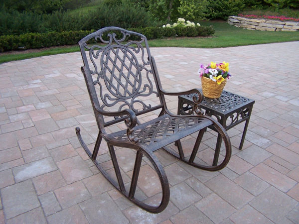 Picture of Mississippi Cast Aluminum 2 Pc. Rocking Set with High Back Rocking Chair and 17-inch square Side Table - Antique Bronze
