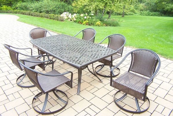 Picture of Tuscany 7 Pc. Dining Set with 70x38-inch Aluminum Boat shaped Table and  6 Resin Wicker woven Swivel Chairs - Coffee