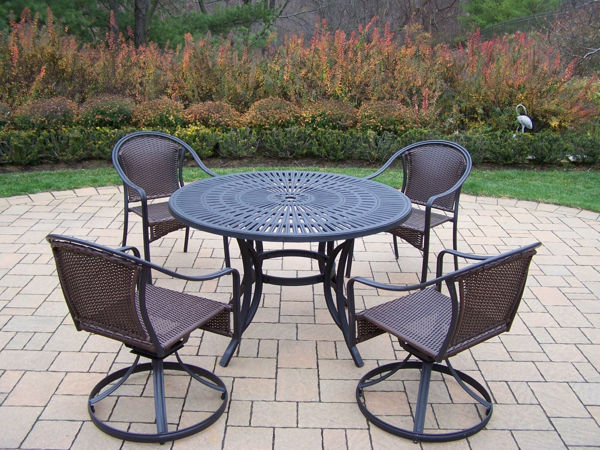 Picture of Sunray Tuscany 5 Pc. Dining set with 48-inch Aluminum Table, Resin Wicker woven 2 Swivel Chairs, and 2 Stackable Chairs - Black