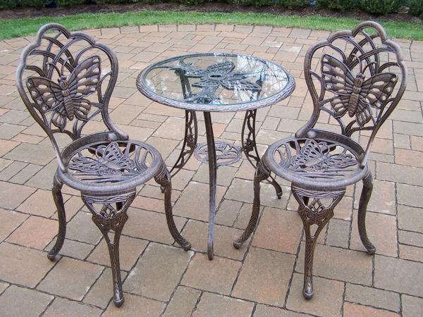 Picture of Butterfly Cast Aluminum 3 Pc. Bistro set with 24-inch tempered glass top Table and 2 Chairs - Antique Bronze