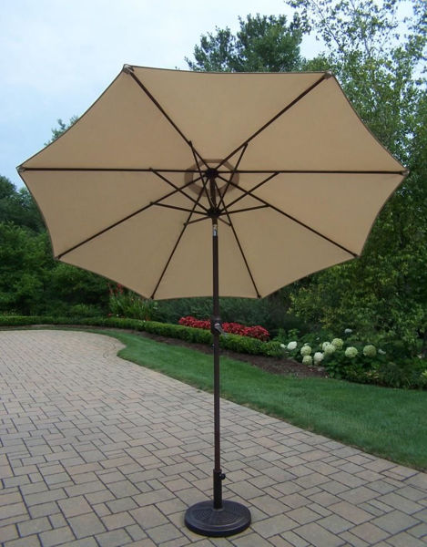 Picture of 9 Foot strong Metal Framed Umbrella with Crank plus Tilt system and Cast PolyResin Stand - Beige / Antique Black Stand