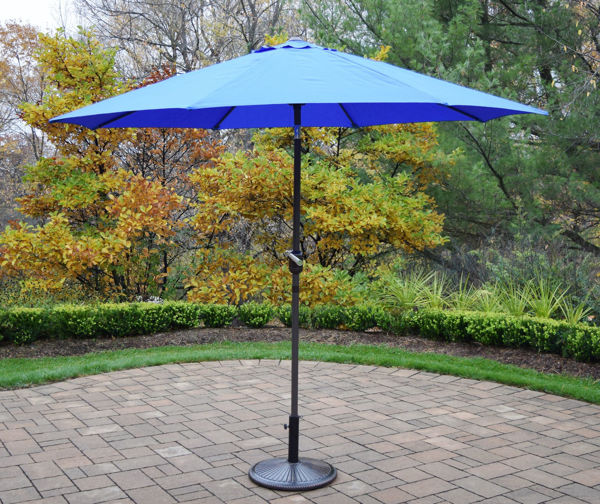 Picture of 9 ft. Metal Framed Umbrella with Crank plus Tilt system and Heavy Duty Cast iron Stand - Blue Top / Brown Pole/Antique Black Stand