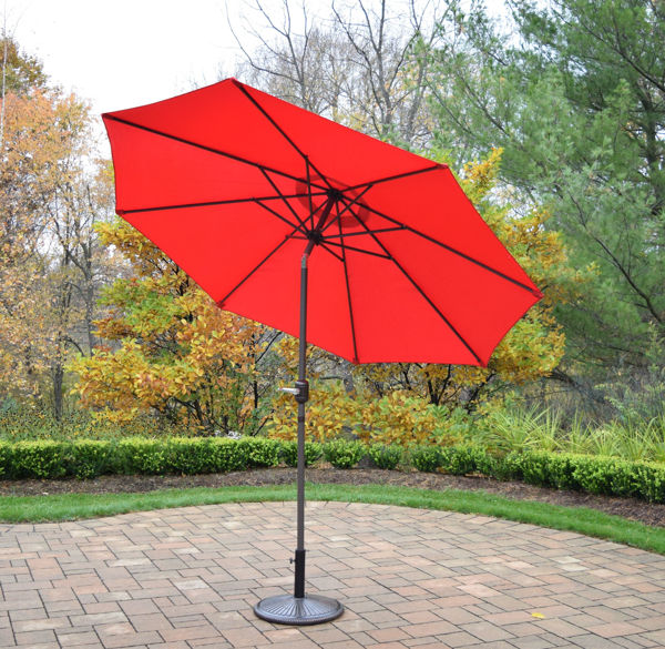 Picture of 9 ft. Metal Framed Umbrella with Crank and Tilt system - Red color top/Brown Pole/Brown Stand