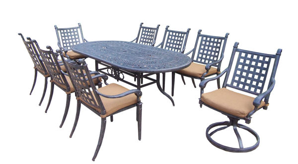 Picture of Belmont  Aluminum Patio 9 Pc. Dining Set includes 84x42-inch Oval Table, 6 Stackable Chairs, 2 Swivel Rockers, with fade and mildew resistant Sunbrella Cushions - Aged