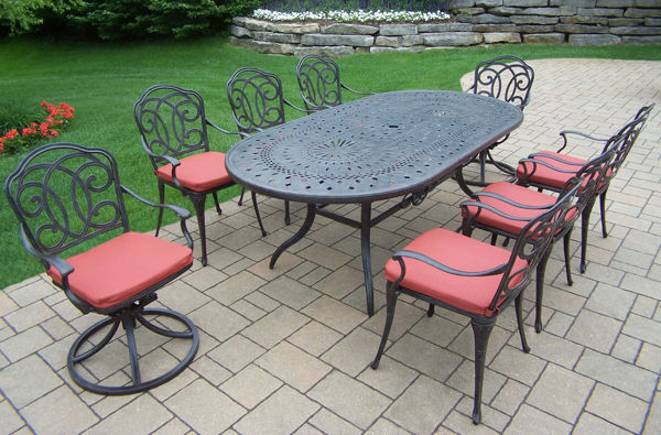 Picture of Berkley Aluminum patio 9 Pc. Dining Set includes 84x42-inch Oval table, 6 chairs, 2 swivels rockers, and durable Spun polyester Cushions - Aged