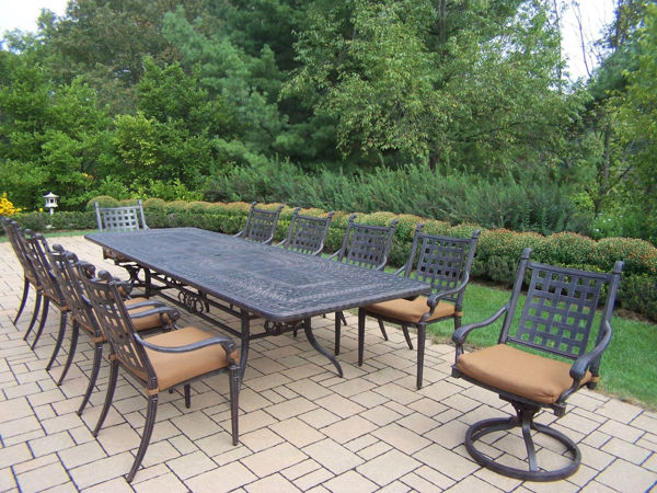 Picture of Belmont aluminum 11 Pc. Dining Set includes a 84 - 126 x 46-inch Rectangular Extendable Table, 8 Stackable high back Chairs, 2 Swivel Rockers, with fade and mildew resistant Sunbrella fabric Cushions - Aged
