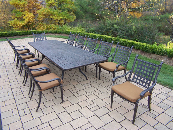 Picture of Belmont Aluminum 13 Pc. Dining set includes 126 - 84-inch x 46 inch expandable Dining Table, 12 Stackable high back Chairs, with fade and mildew resistant Sunbrella fabric Cushions - Aged