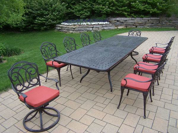 Picture of Berkley 11 Pc. Dining set includes 126 -84x44 inch Extendable Table, 8 Chairs, 2 Swivel Rockers, and durable Spun polyester Cushions - Aged
