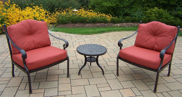 Picture of Berkley Aluminum 3 Pc. Deep Seating Chat Set includes 1 Round Side Table, 2 Chairs, and durable spun polyester Cushions for the chair back and seat - Aged