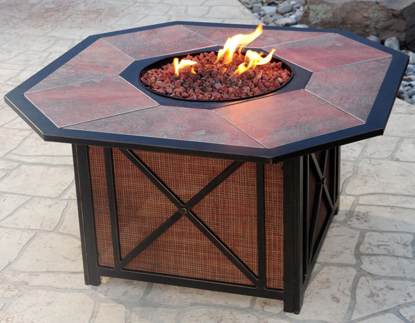 Picture of 43 x 24-inch Haywood Octagon Gas Firepit Table with Porcelain inlaid top, Burner system, Red Lava Rock, and impeccable crafted Aluminum Frames - Antique Bronze