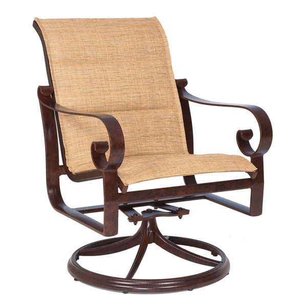 Picture of Woodard Belden Padded Sling Swivel Rocker Dining Arm Chair