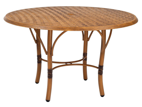 Picture of Woodard Glade Isle Tables Round Dining Table with Thatch Top