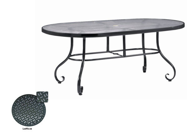 Picture of Woodard Ramsgate Tables in Aluminum with Lattice Top 42' x 74' Oval Umbrella Table