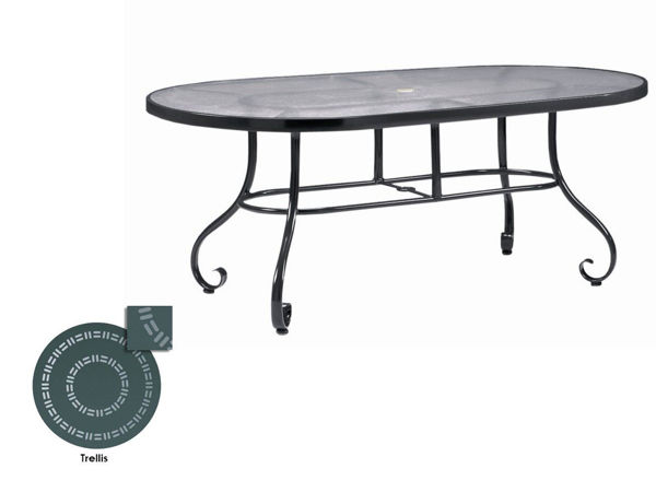 Picture of Woodard Ramsgate Tables in Aluminum with Trellis Top 42' x 74' Oval Umbrella Table
