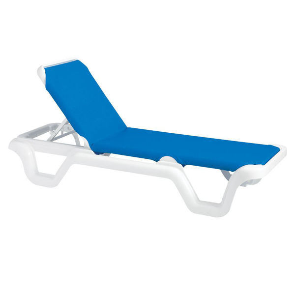 Picture of Grosfillex Marina Adjustable Sling Chaise Without Arm White Frame In Blue Pack Of 2