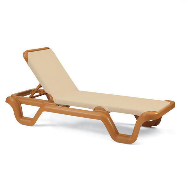 Picture of Grosfillex Marina Adjustable Sling Chaise Without Arm Teakwood Frame In Khaki Pack Of 2
